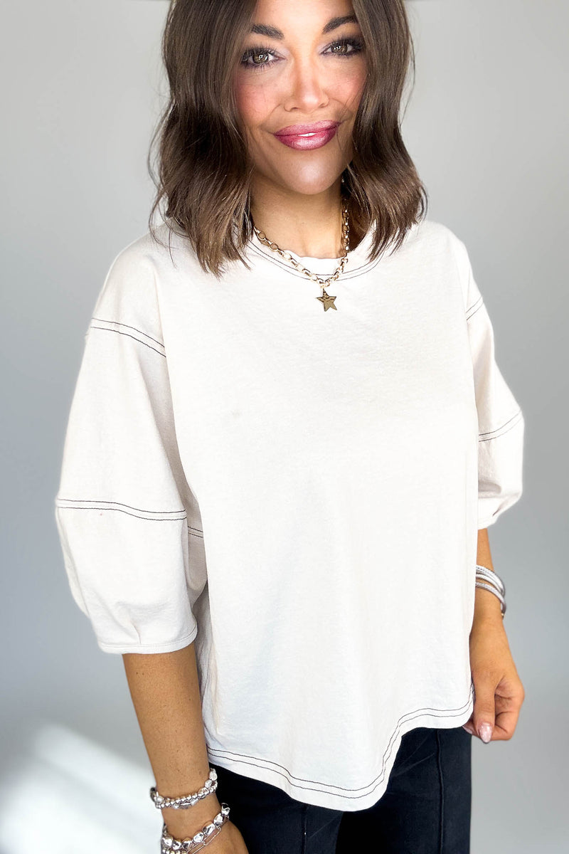 3/4 Sand Beige Balloon Sleeve Top