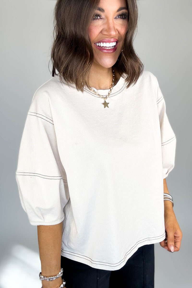 3/4 Sand Beige Balloon Sleeve Top