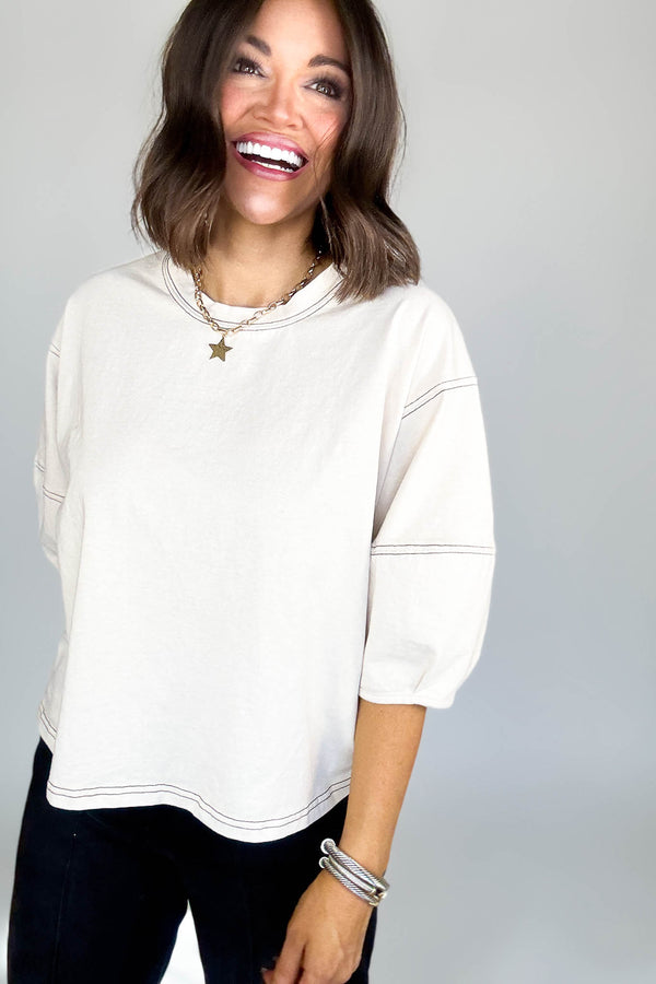 3/4 Sand Beige Balloon Sleeve Top