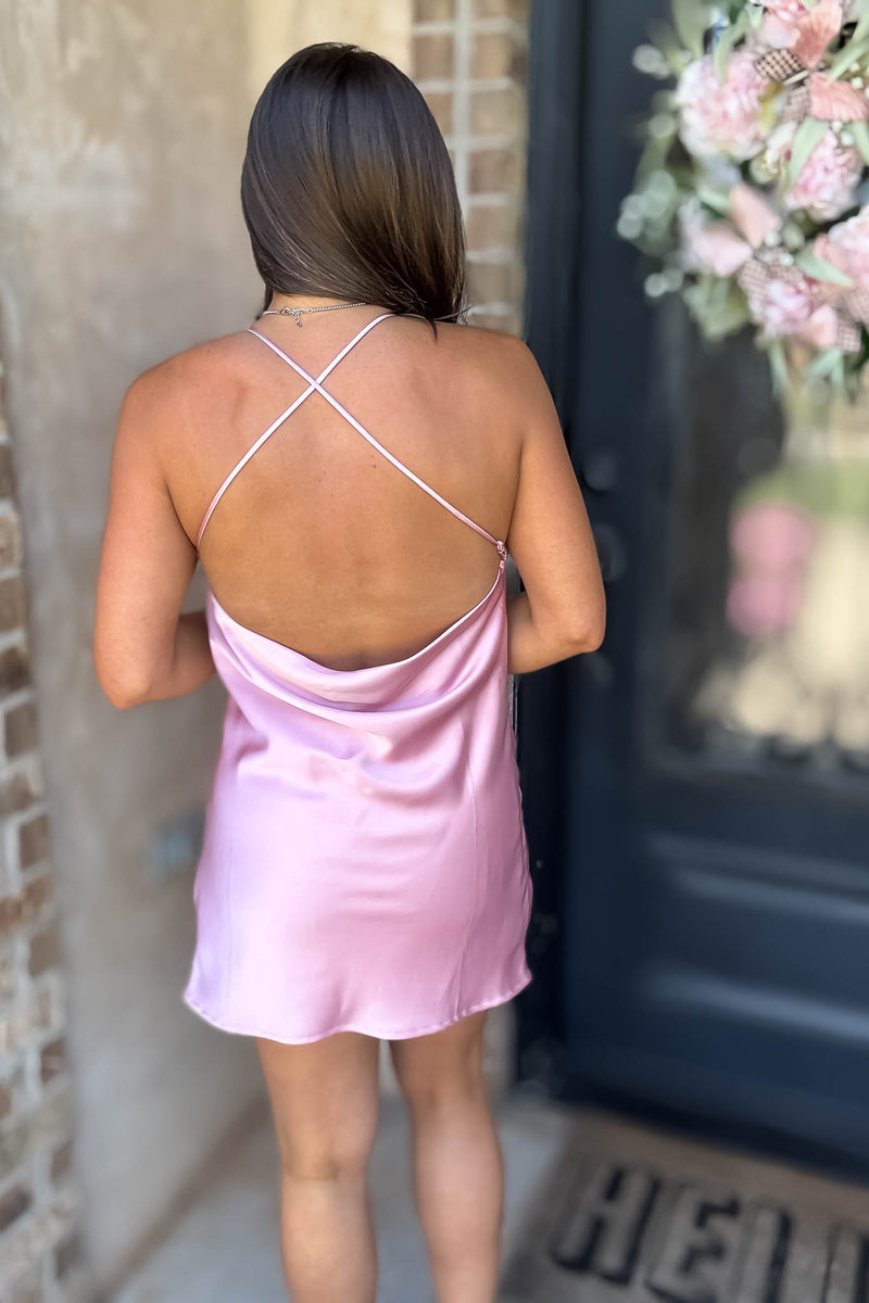 Rose Solid Satin Cowl Neck Criss Cross Slip Dress