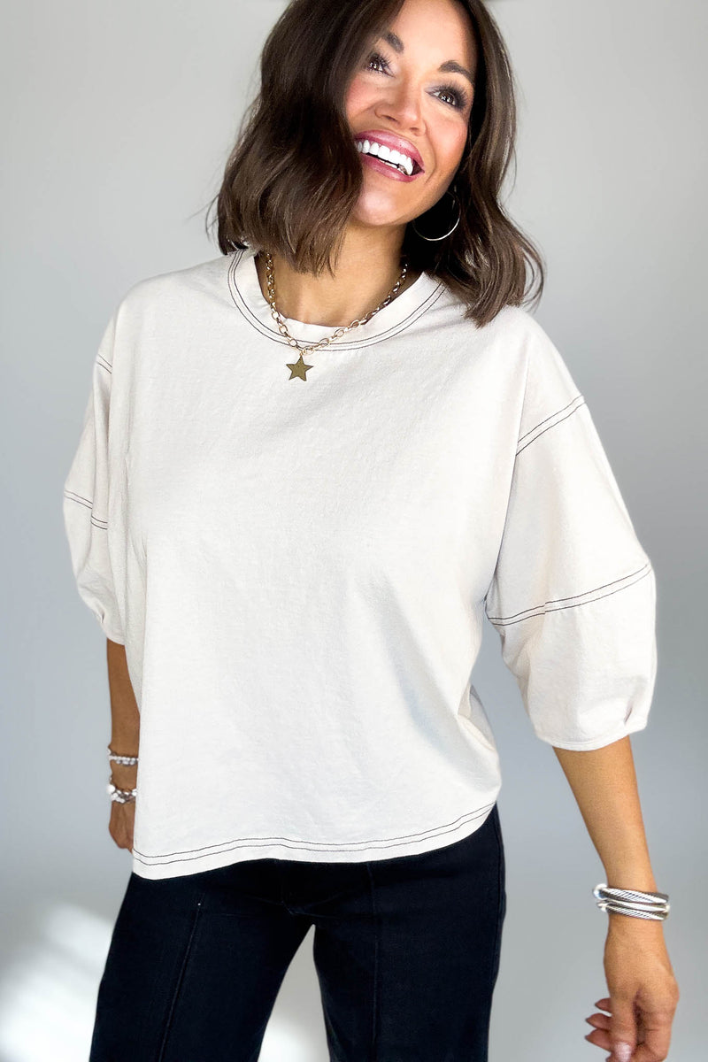 3/4 Sand Beige Balloon Sleeve Top