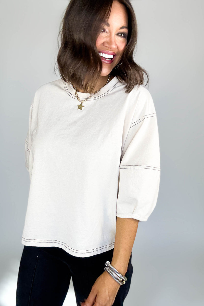 3/4 Sand Beige Balloon Sleeve Top