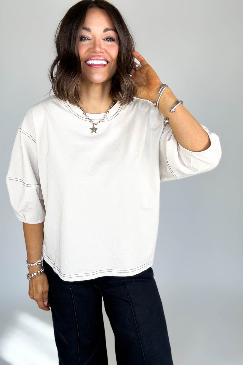 3/4 Sand Beige Balloon Sleeve Top