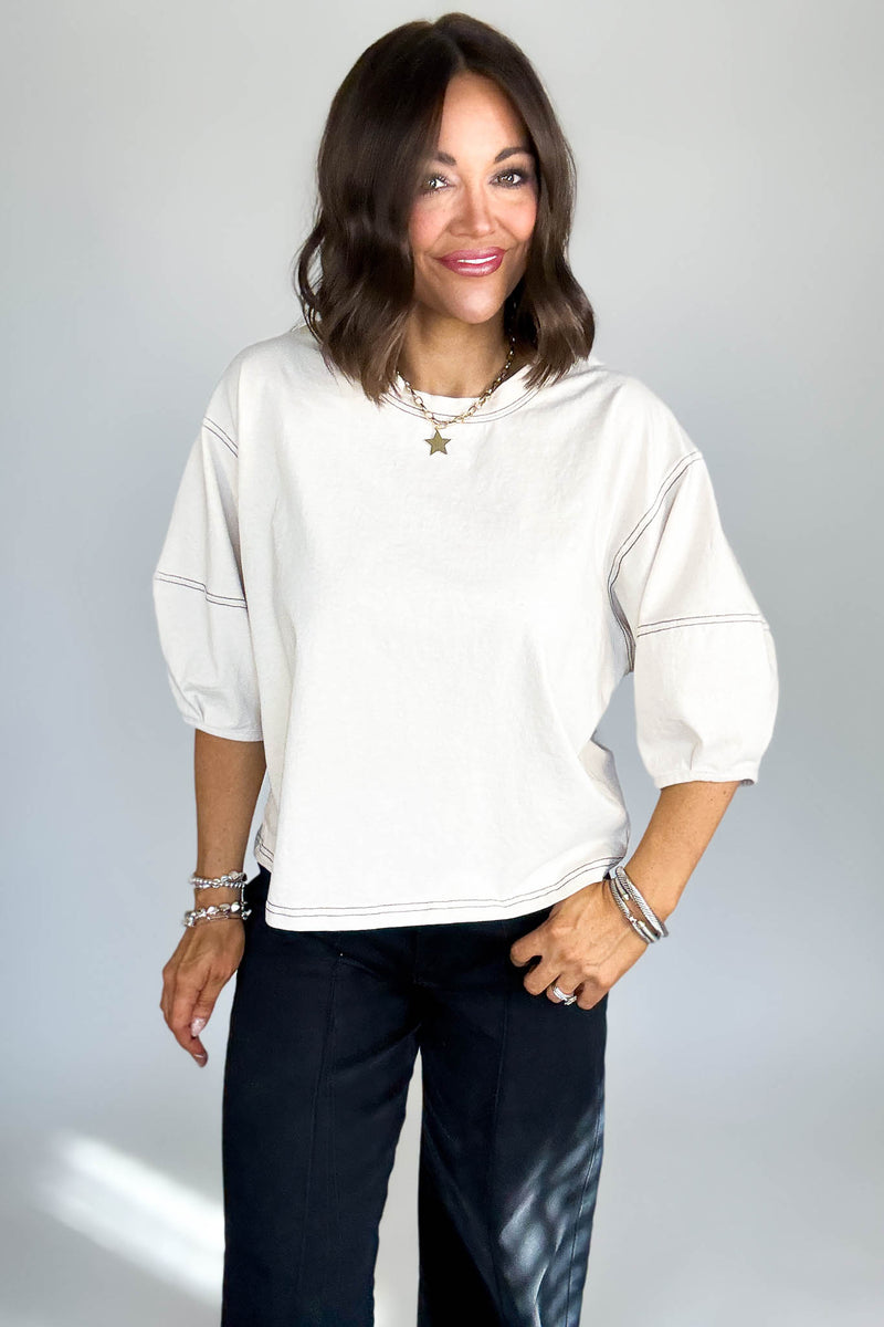 3/4 Sand Beige Balloon Sleeve Top