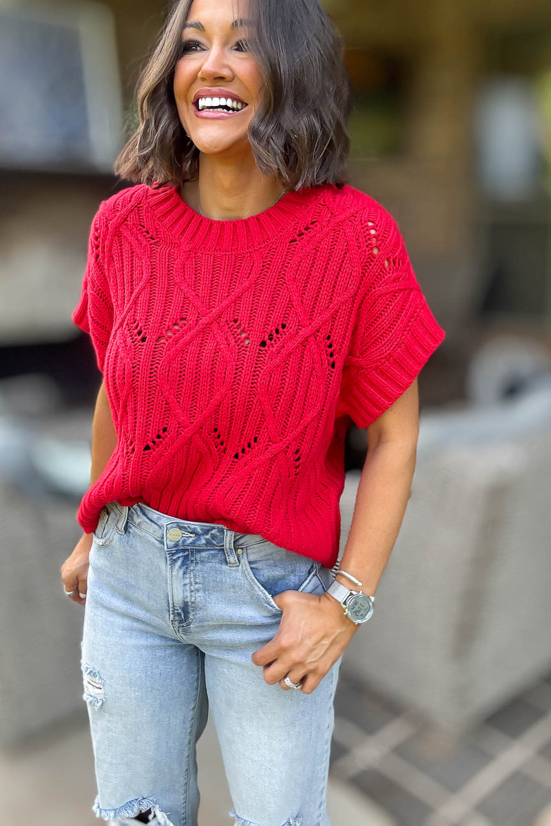 Perfect Ruby Cable Knit Short Sleeve Sweater