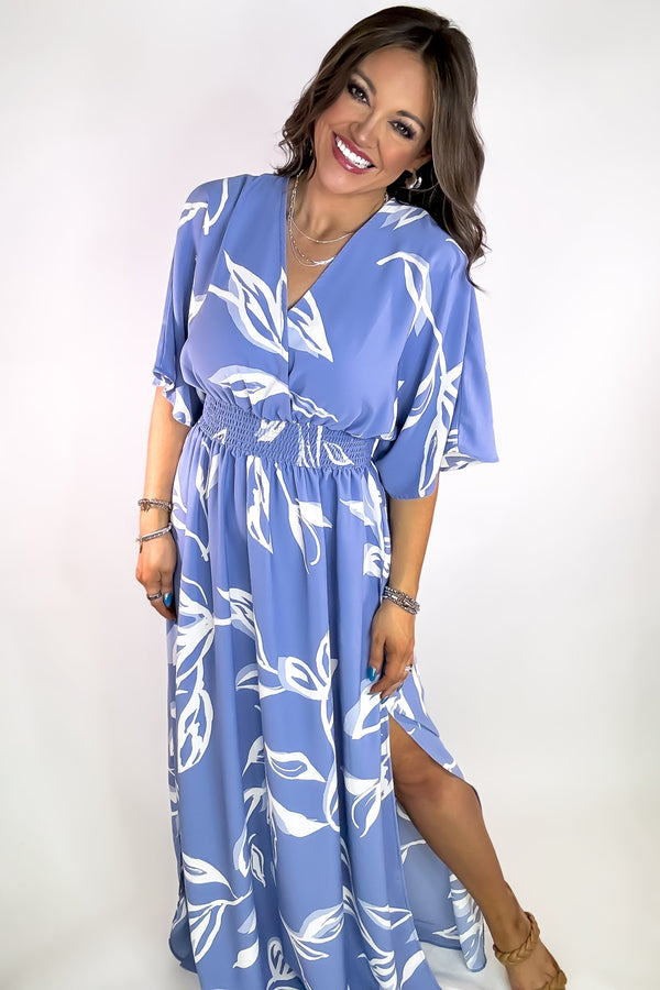 Dusty Blue Floral Kimono Sleeve Maxi Dress