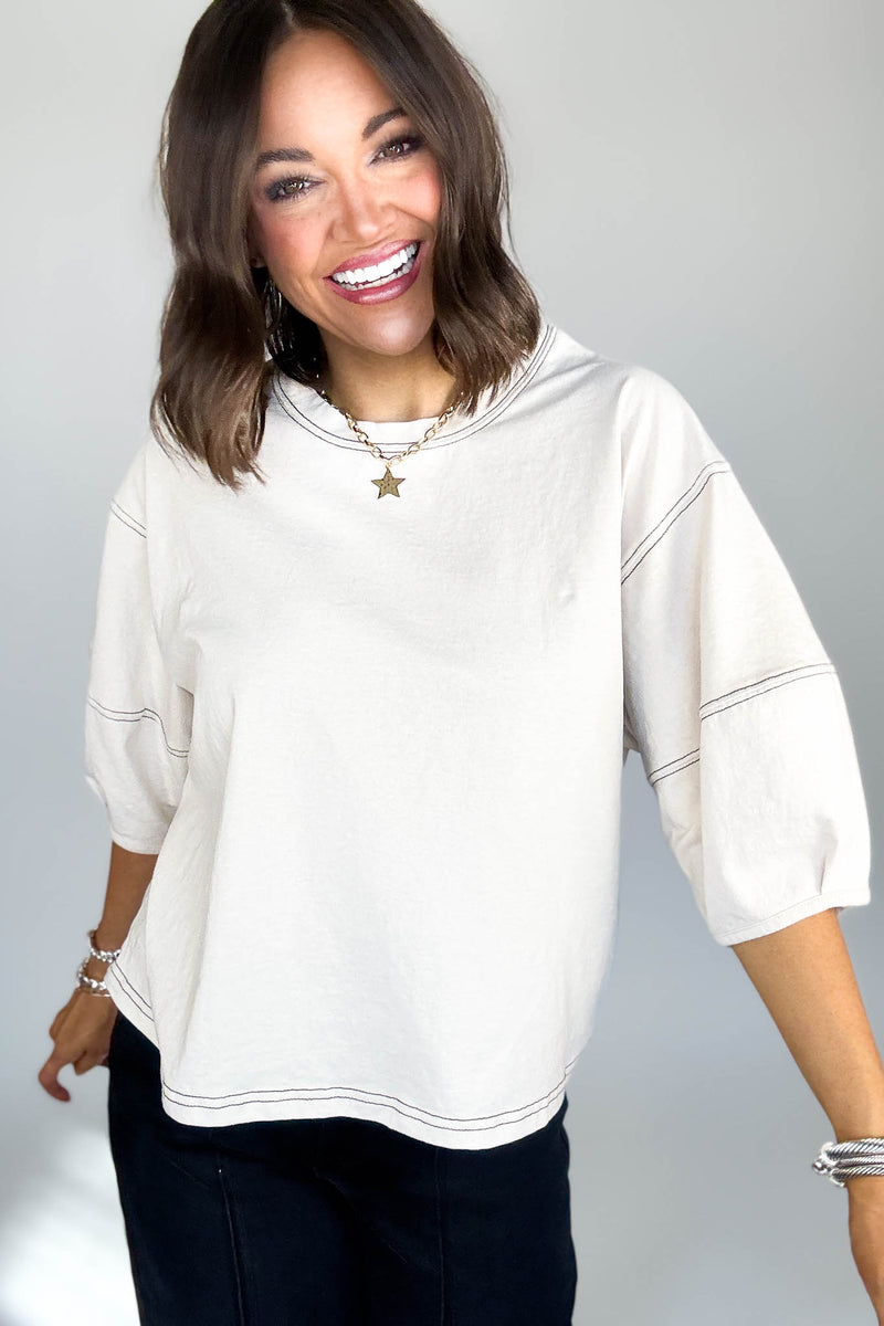 3/4 Sand Beige Balloon Sleeve Top