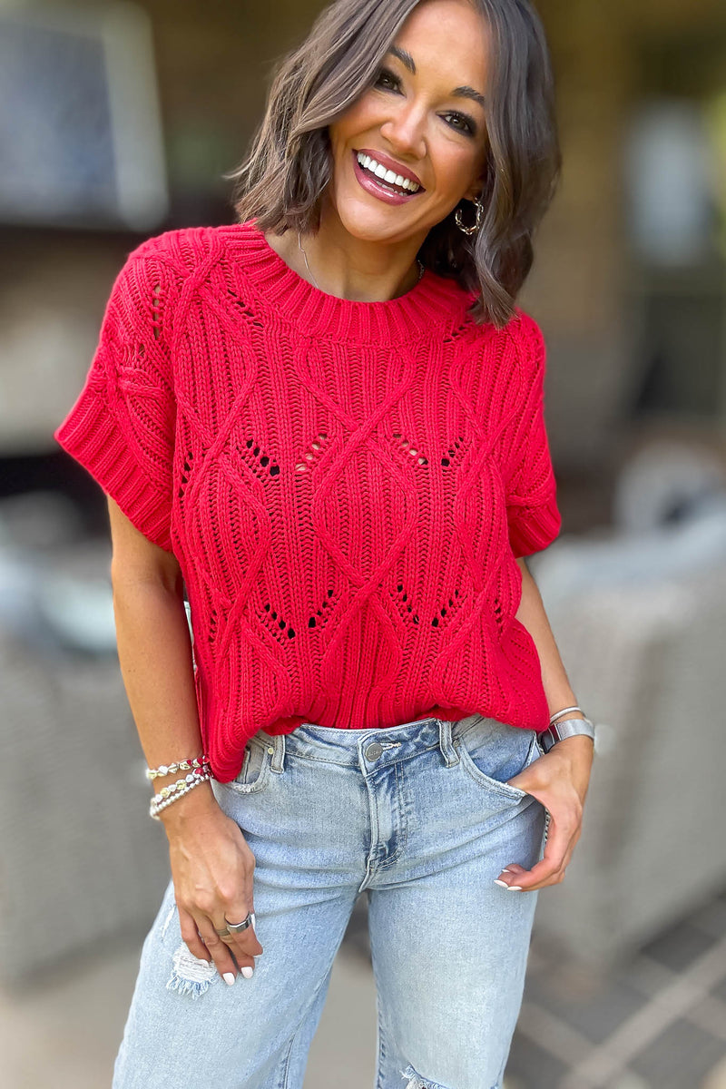 Perfect Ruby Cable Knit Short Sleeve Sweater