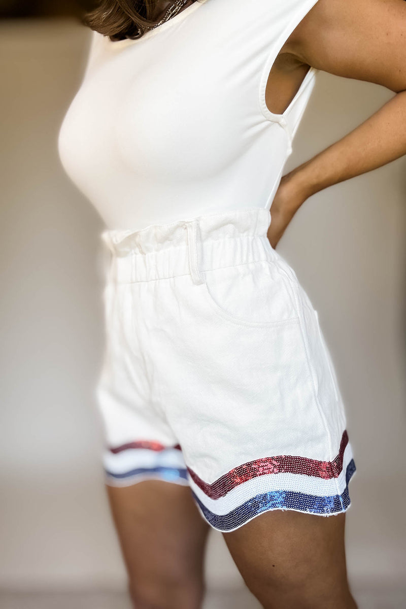 Elastic Waist Front Pockets Sequins Denim Short