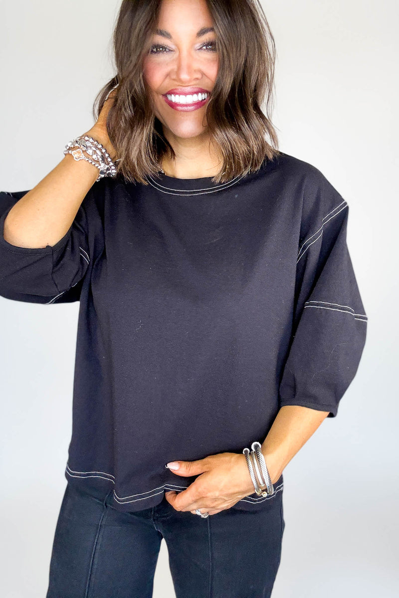 3/4 Black Balloon Sleeve Top