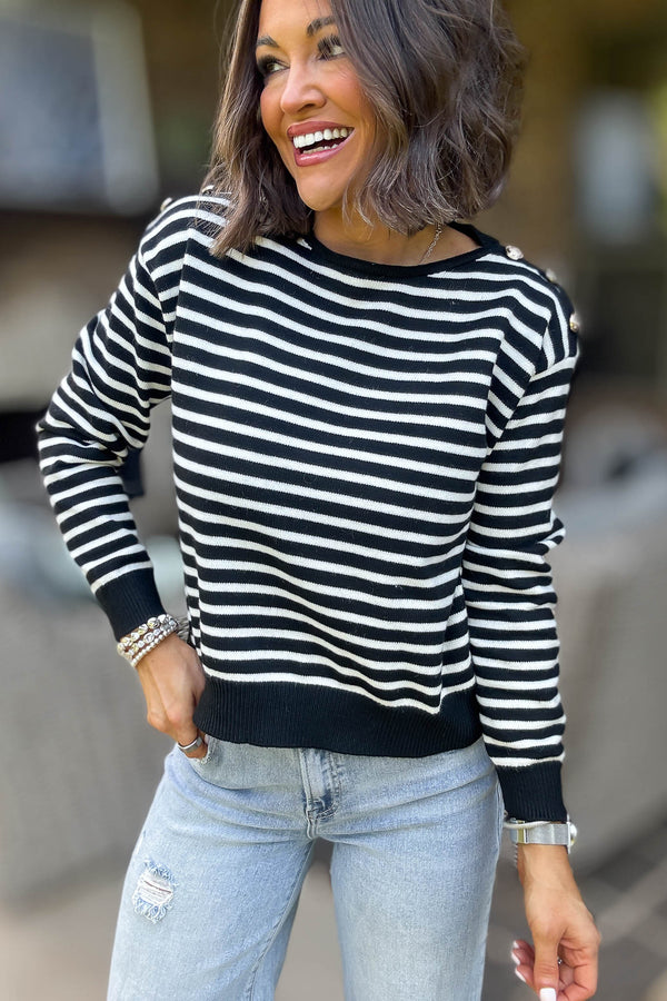 Black Buttoned Shoulder Stripe Sweater