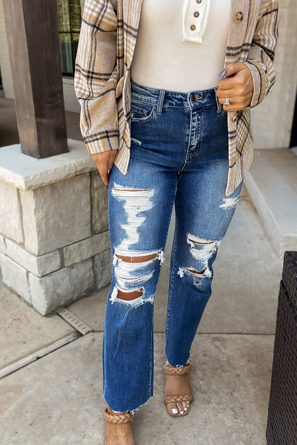 Distressed High Rise Ankle Relaxed Straight Jeans