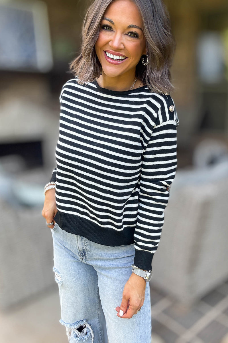 Black Buttoned Shoulder Stripe Sweater