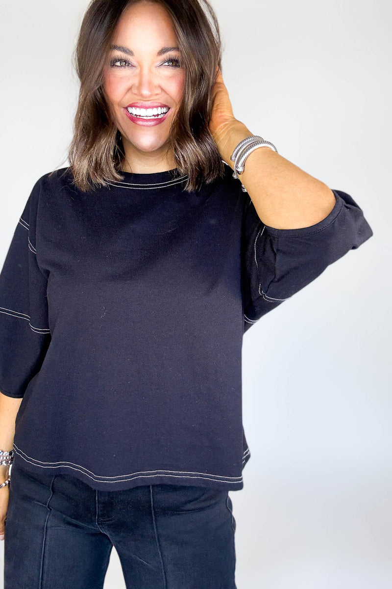 3/4 Black Balloon Sleeve Top