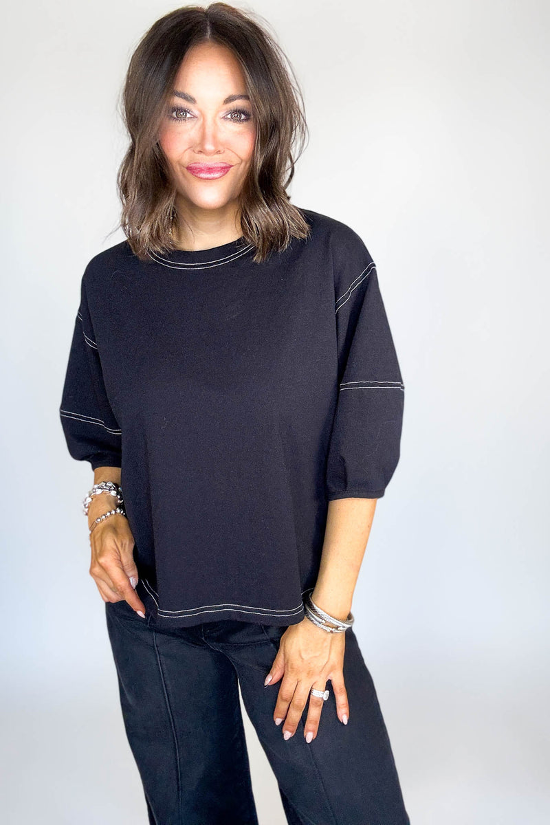 3/4 Black Balloon Sleeve Top