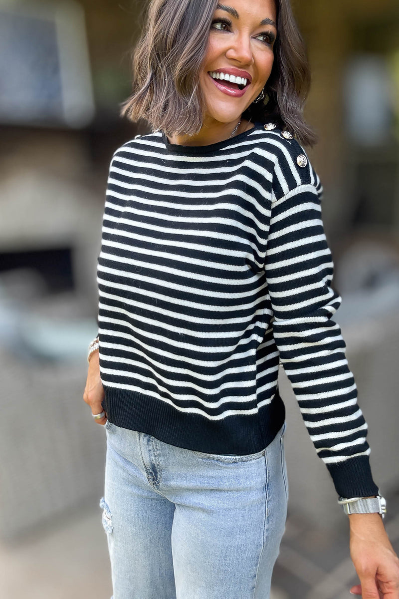 Black Buttoned Shoulder Stripe Sweater