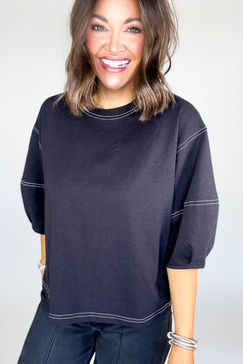 3/4 Black Balloon Sleeve Top