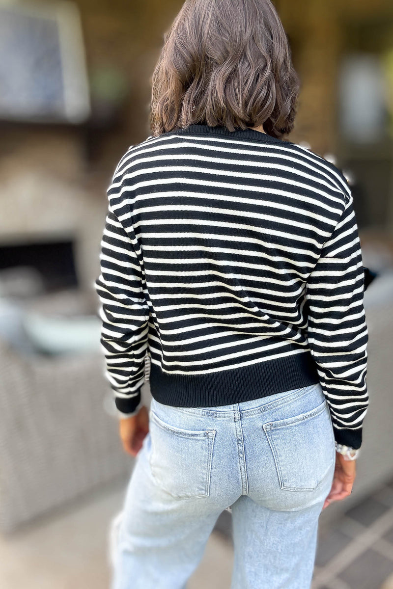 Black Buttoned Shoulder Stripe Sweater