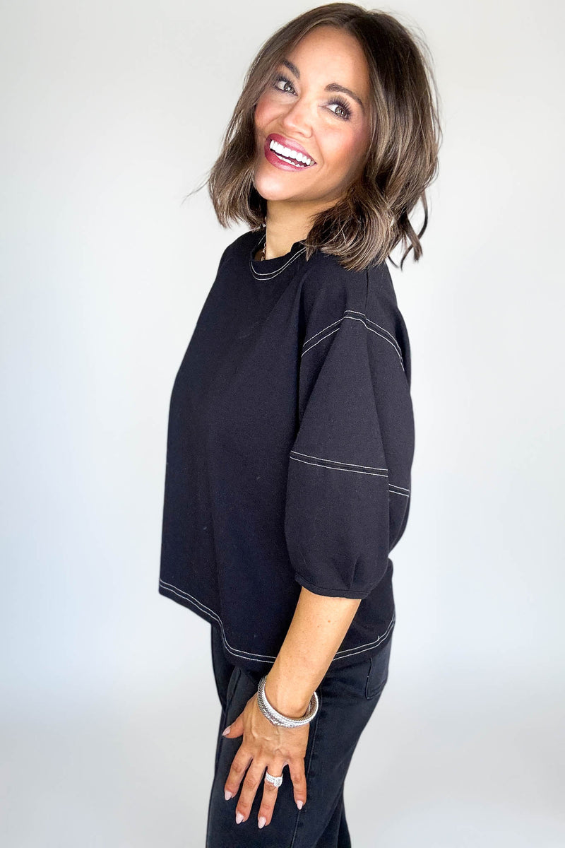 3/4 Black Balloon Sleeve Top