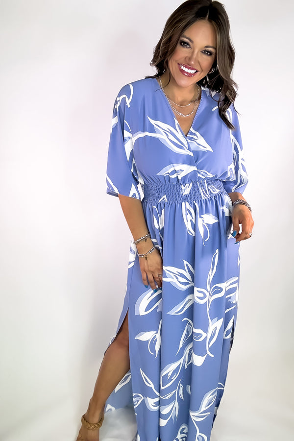 Dusty Blue Floral Kimono Sleeve Maxi Dress