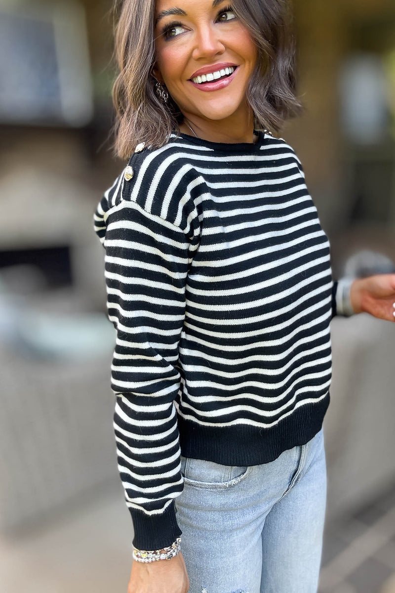 Black Buttoned Shoulder Stripe Sweater