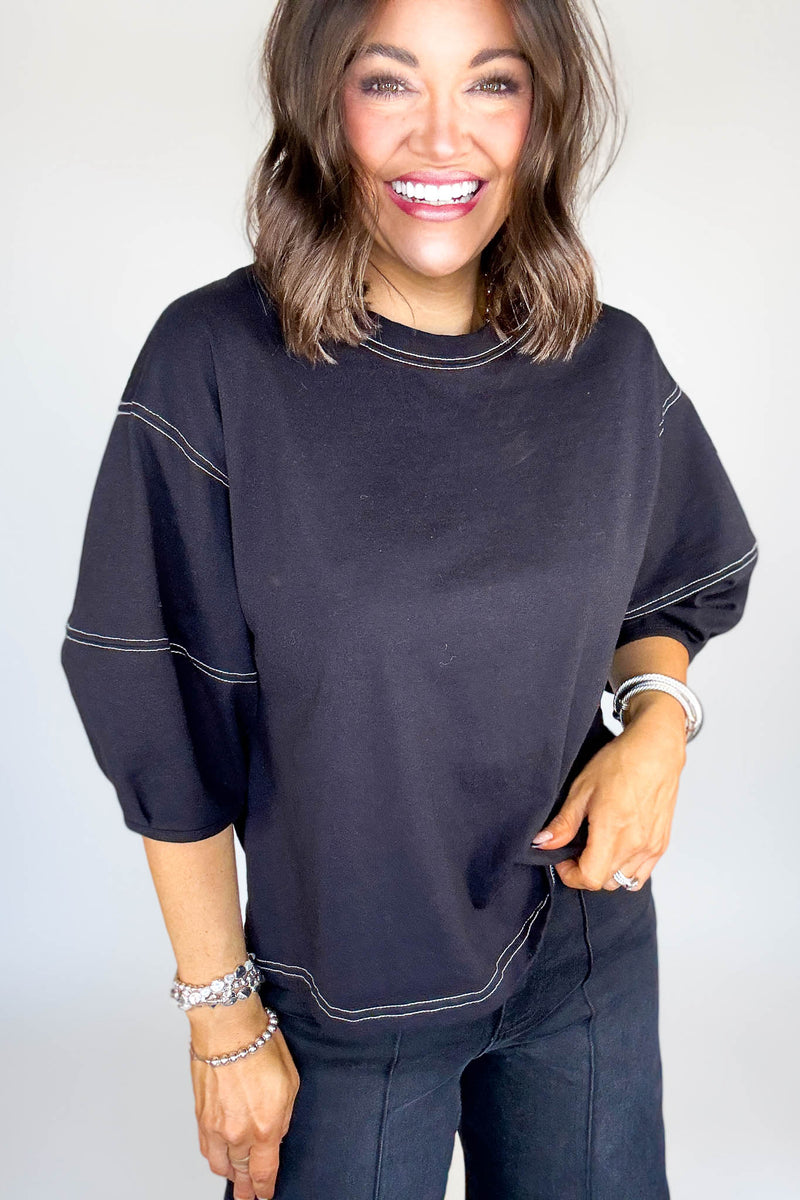 3/4 Black Balloon Sleeve Top