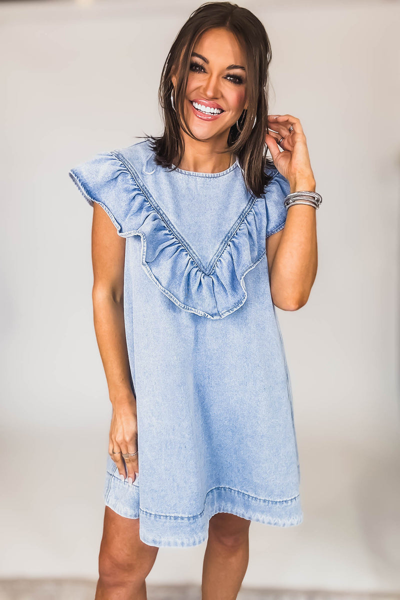 Mable RUFFLED DETAIL DENIM MINI DRESS