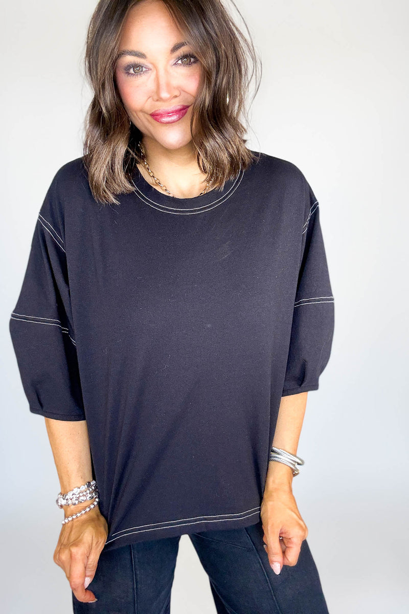 3/4 Black Balloon Sleeve Top