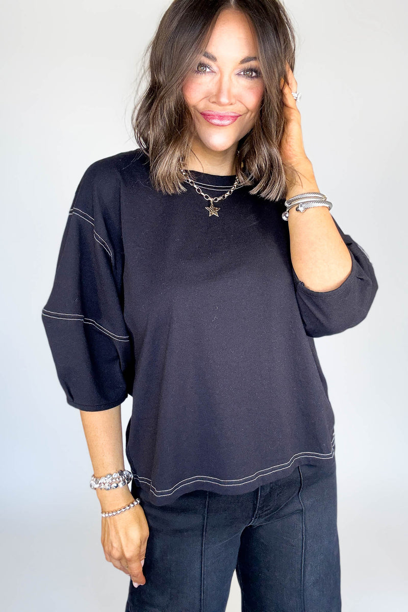 3/4 Black Balloon Sleeve Top