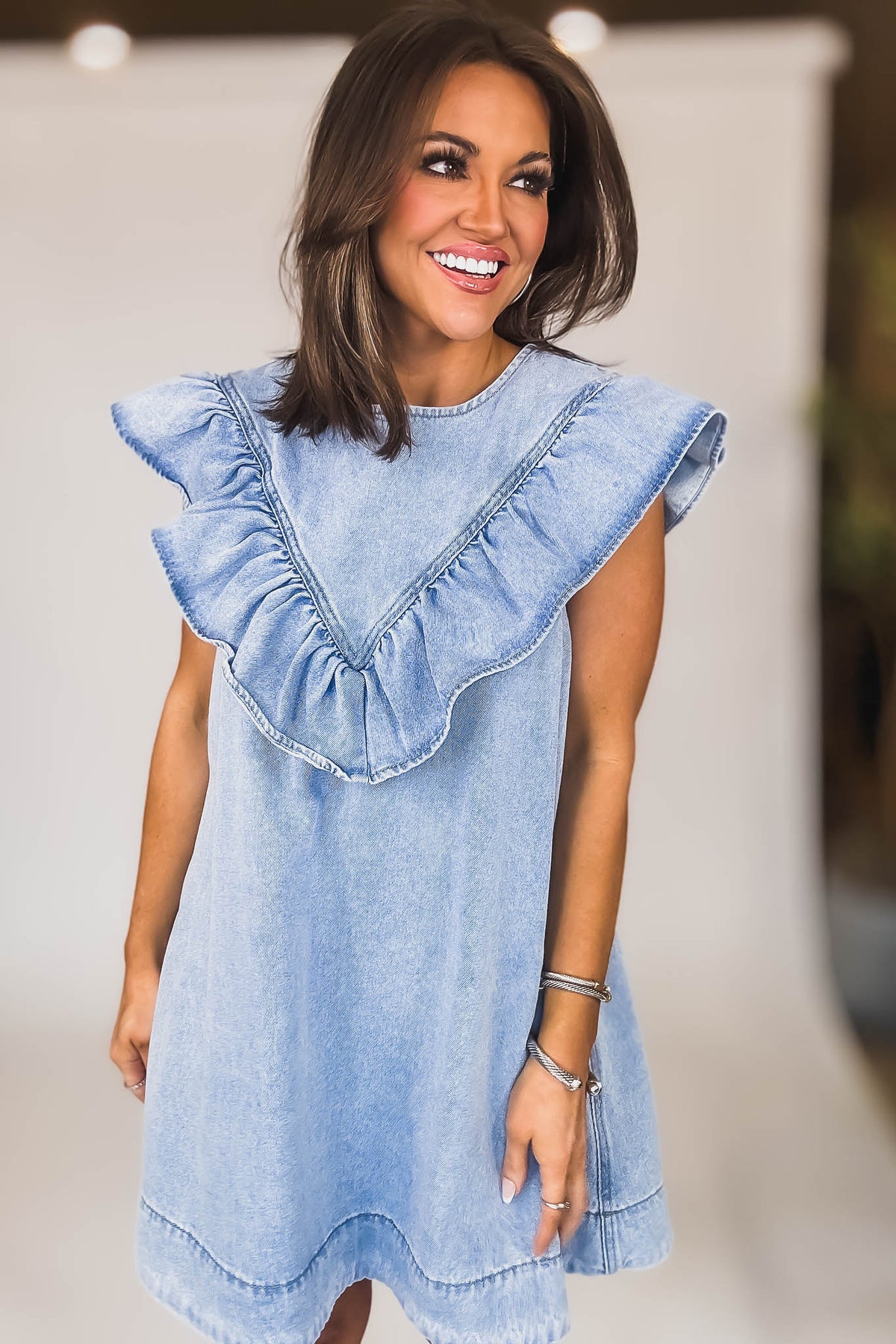 Blue Denim Denim Dress Ruffle Sleeve POTILI Denim Dress For Women,V Neck Jean Dresses Short Blue Denim Denim Dress Ruffle Sleeve POTILI Denim Dress For Women,V Neck Jean Dresses Short