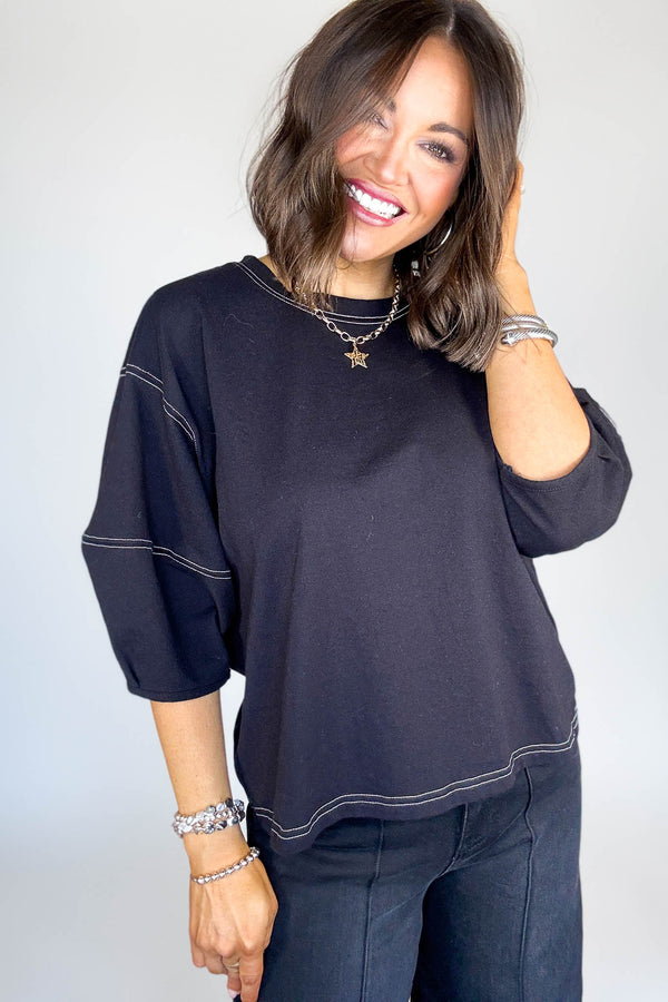 3/4 Black Balloon Sleeve Top