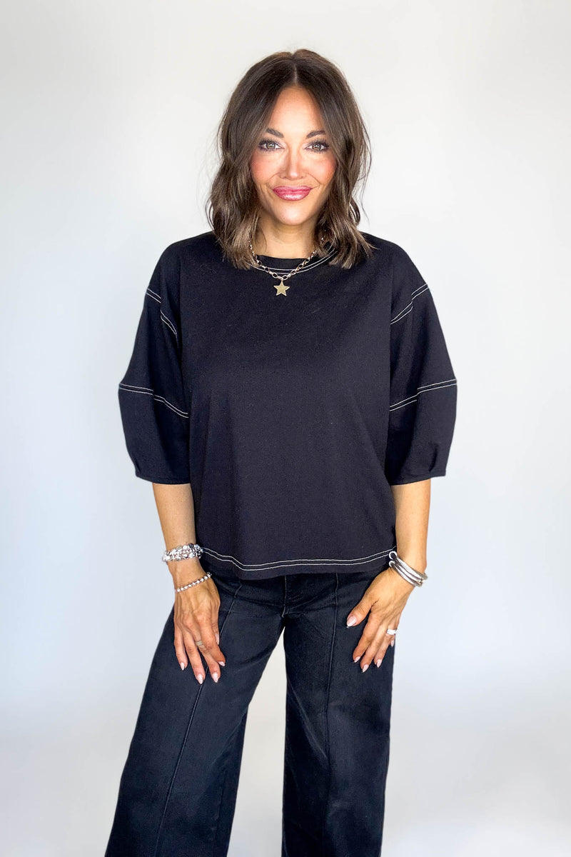 3/4 Black Balloon Sleeve Top