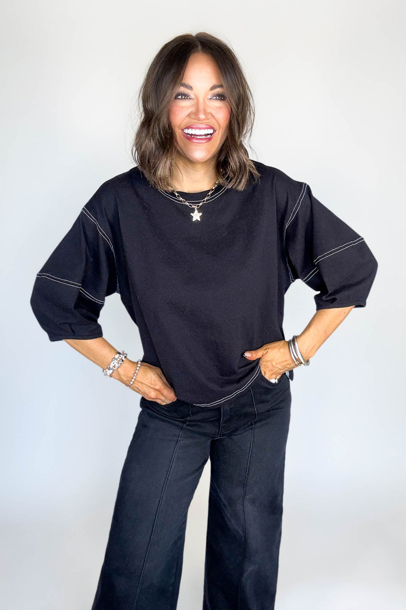 3/4 Black Balloon Sleeve Top