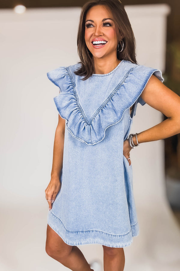 Mable RUFFLED DETAIL DENIM MINI DRESS