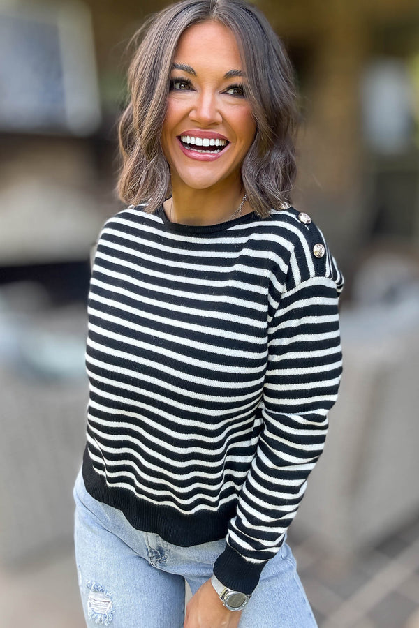 Black Buttoned Shoulder Stripe Sweater