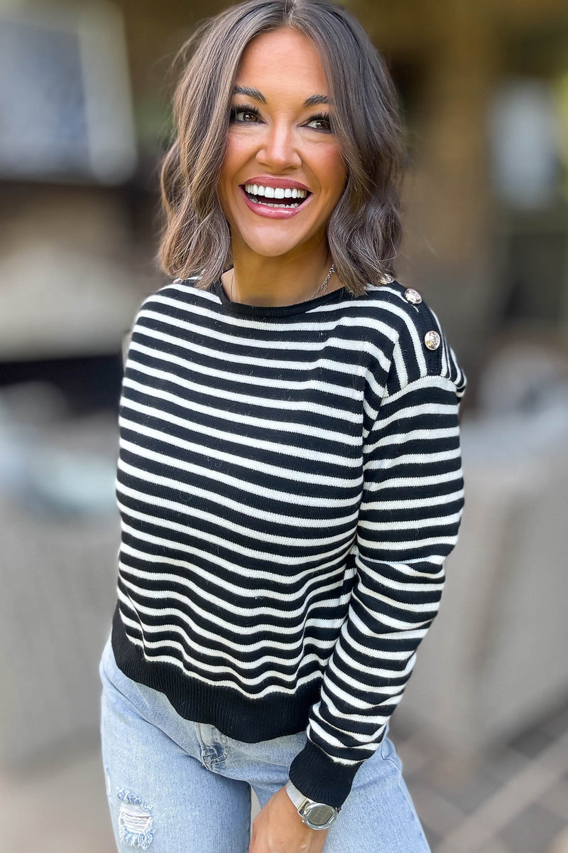 Black Buttoned Shoulder Stripe Sweater