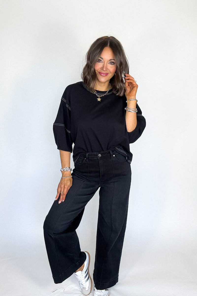 3/4 Black Balloon Sleeve Top