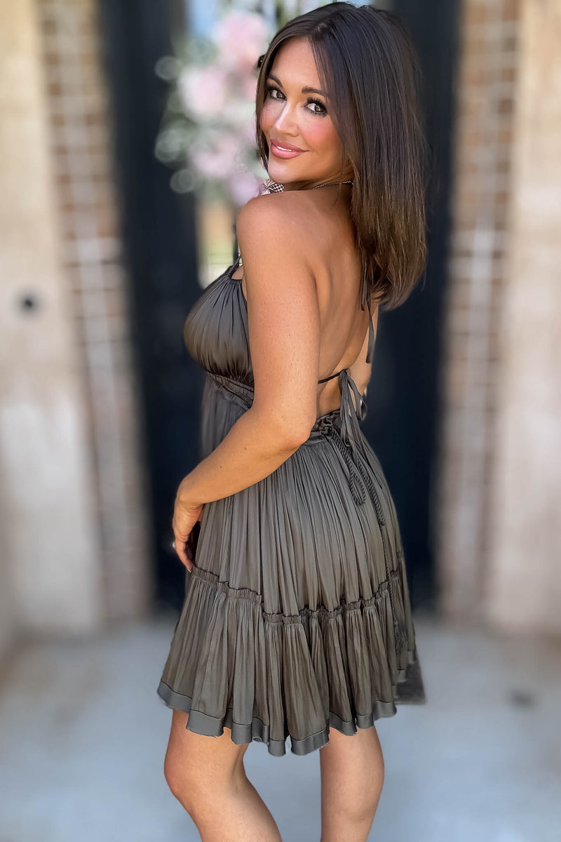 Solid Olive Halter Neck Tiered Ruffle Open Back Dress