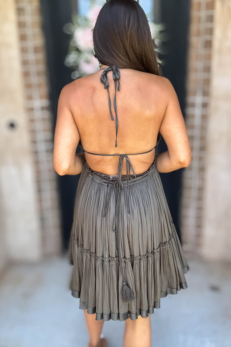 Solid Olive Halter Neck Tiered Ruffle Open Back Dress
