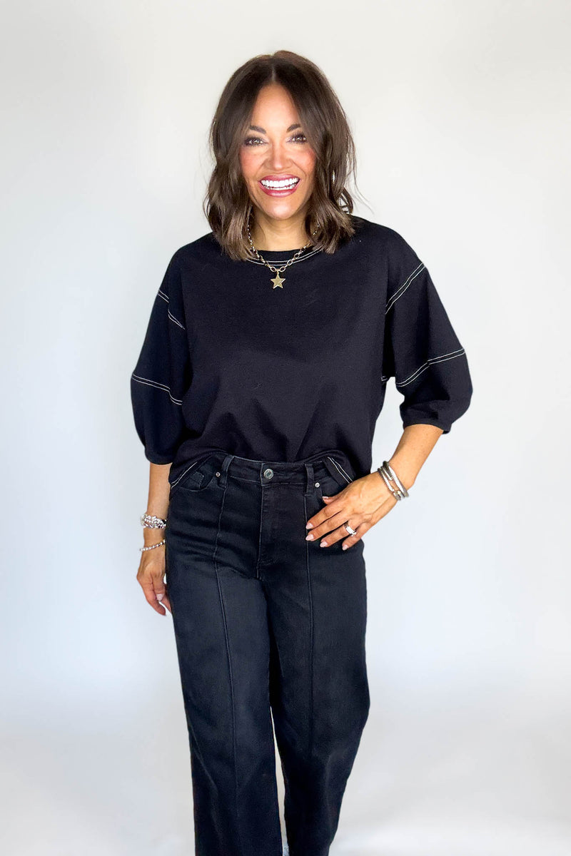 3/4 Black Balloon Sleeve Top