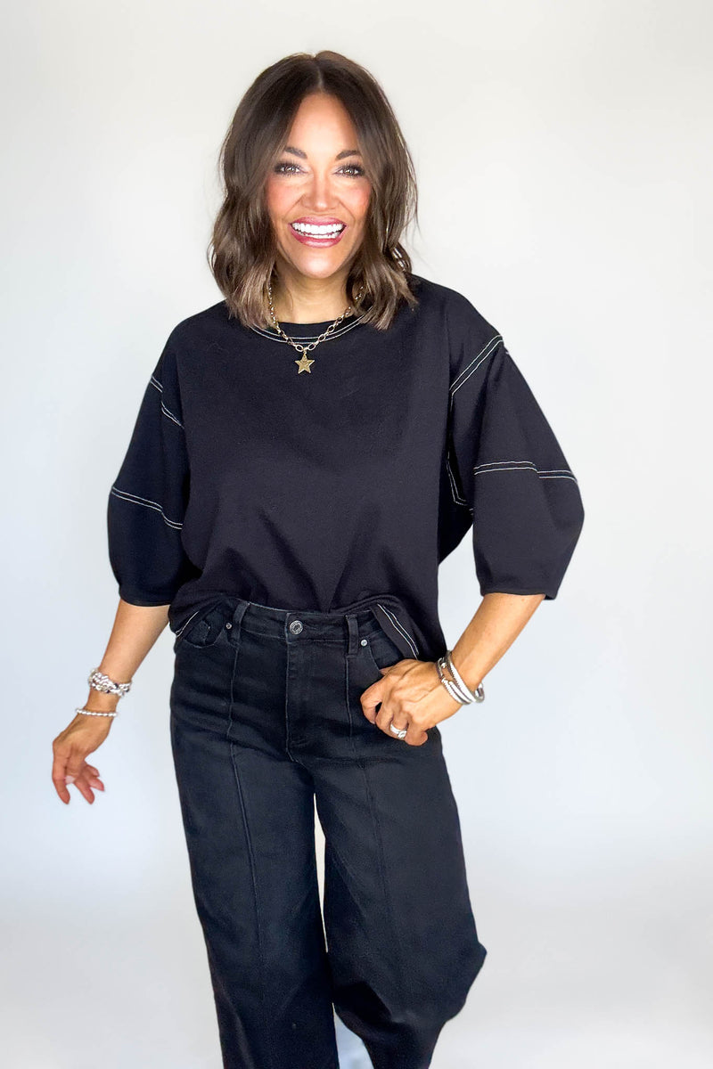 3/4 Black Balloon Sleeve Top