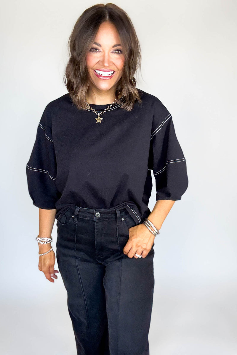 3/4 Black Balloon Sleeve Top