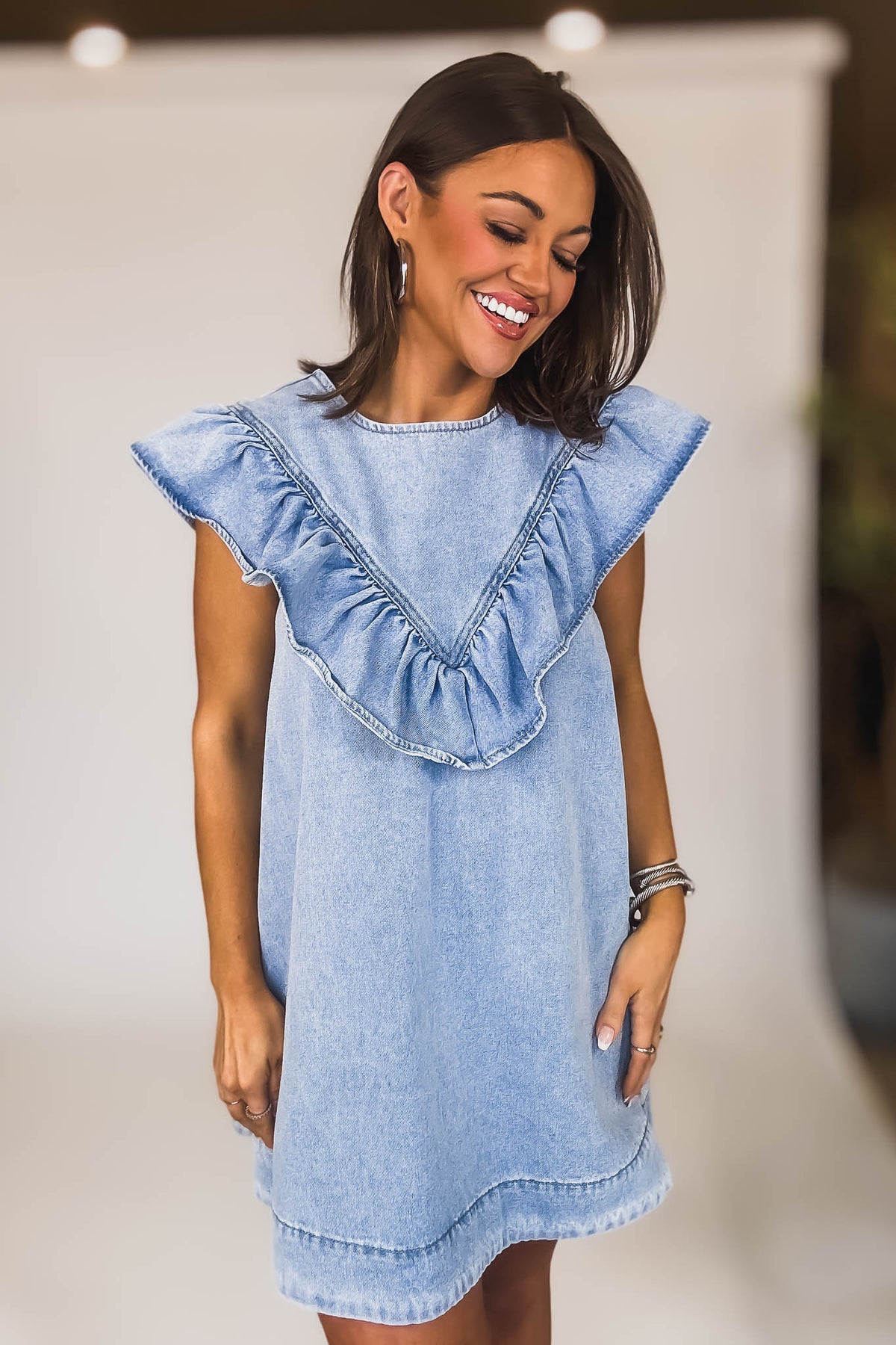 denim ruffle dress Mable RUFFLED DETAIL DENIM MINI DRESS – Stella Rae's