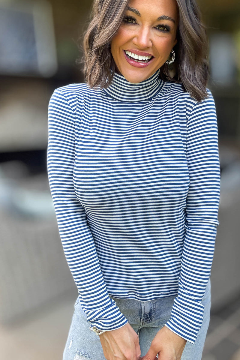 Long Sleeve Blue And White Turtle Neck Stripe Top