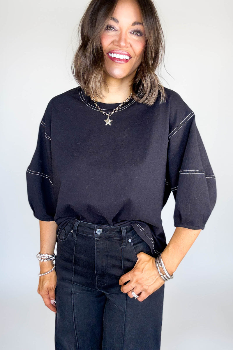 3/4 Black Balloon Sleeve Top