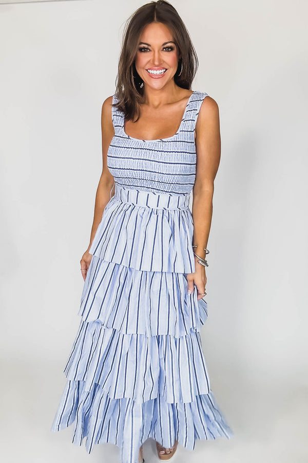 Mable PIN STRIPE SMOCKED BODICE TIERED MIDI DRESS