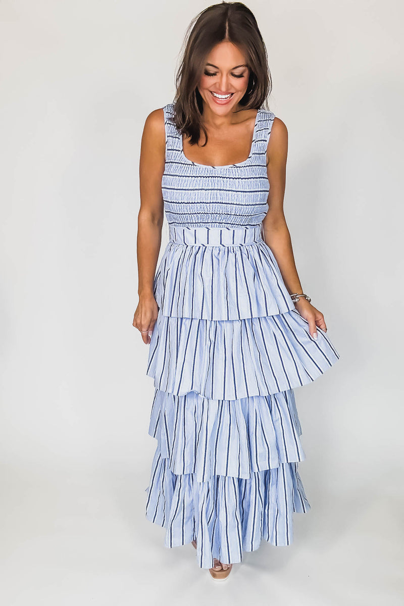 Mable PIN STRIPE SMOCKED BODICE TIERED MIDI DRESS