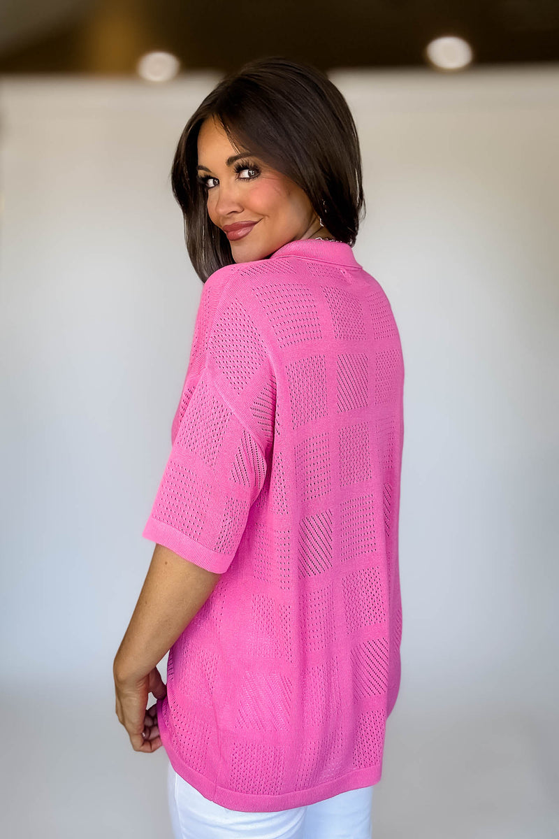 Pink Solid Color Button Down Jacqurd Knitted Shirt