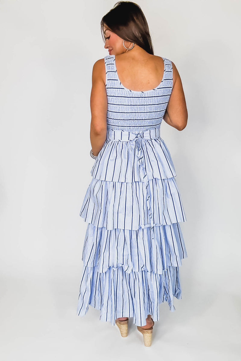 Mable PIN STRIPE SMOCKED BODICE TIERED MIDI DRESS