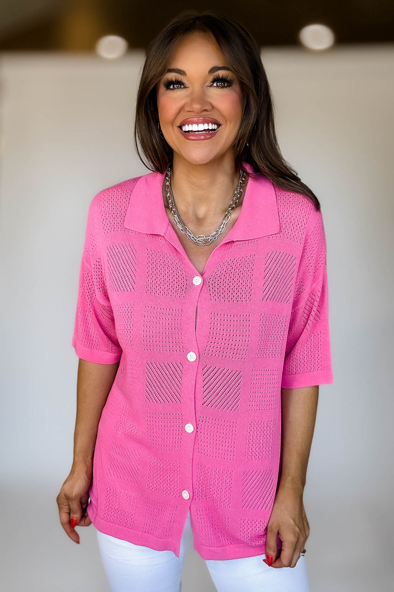Pink Solid Color Button Down Jacqurd Knitted Shirt